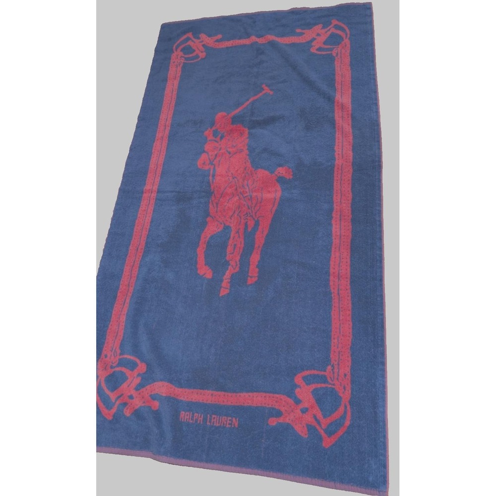 VINTAGE Ralph Lauren Equestrian Beach Towel Polo Player on Horse Red/Blue